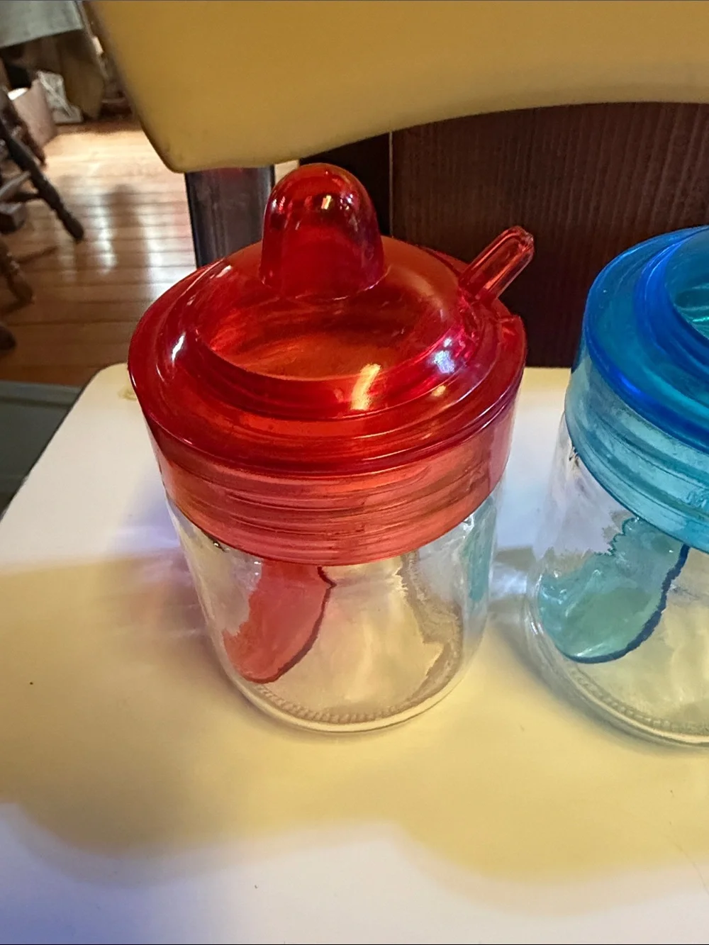 3 Clear Glass Spice/Condiment Jars with Bright Red, Blue, and Green Lids